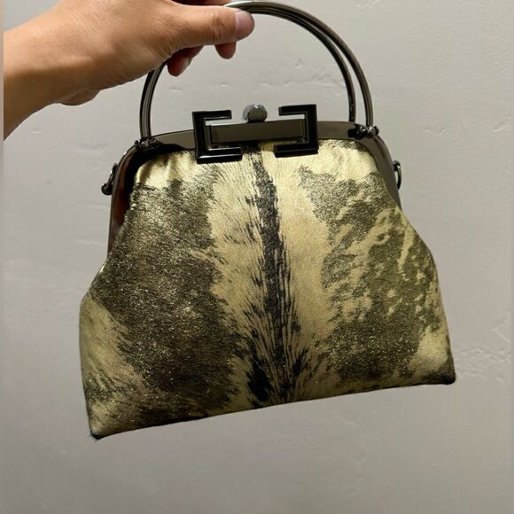 Handmade Gold Metallic Natural Hair-On Calfskin Top Handle Bag/Multi Way Use - Picture 8 of 16